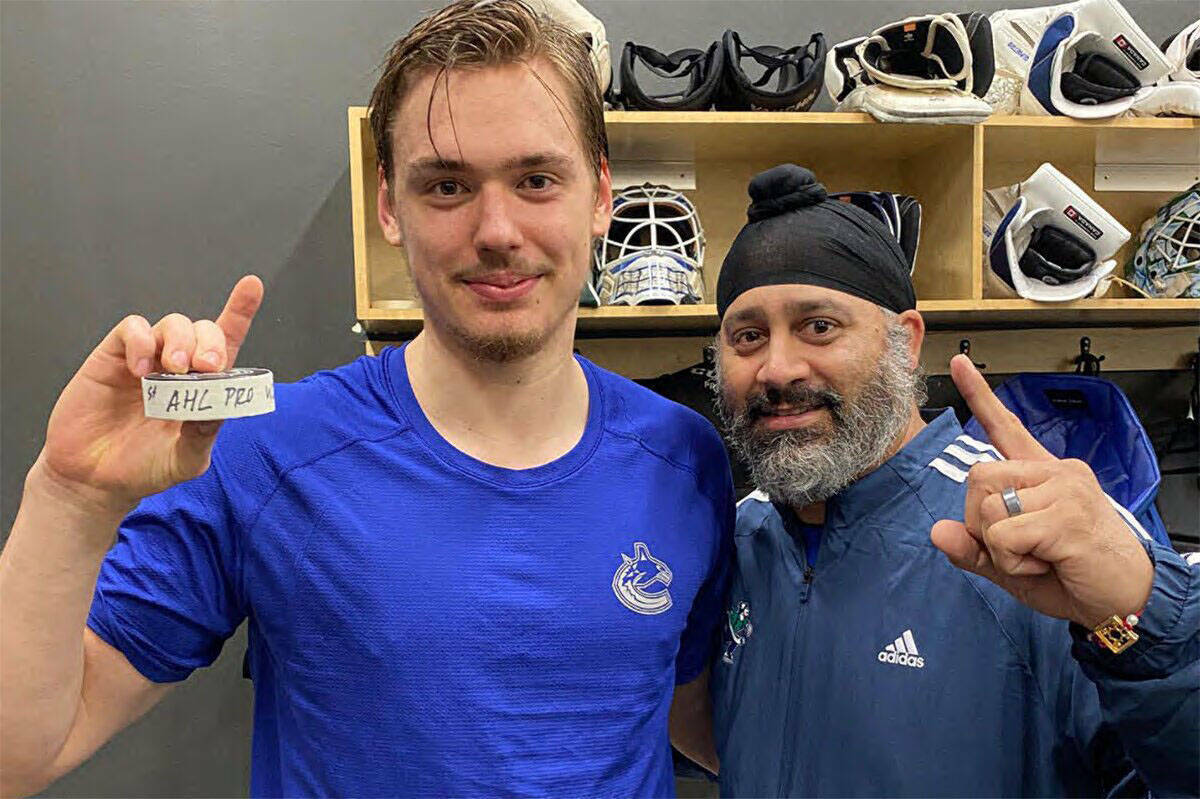 Abbotsford Canucks equipment manager Ramandeep ‘Chico’ Dhanjal (right) is the special guest on episode five of the Abbotsford Farm Podcast. (Abbotsford Canucks photo)