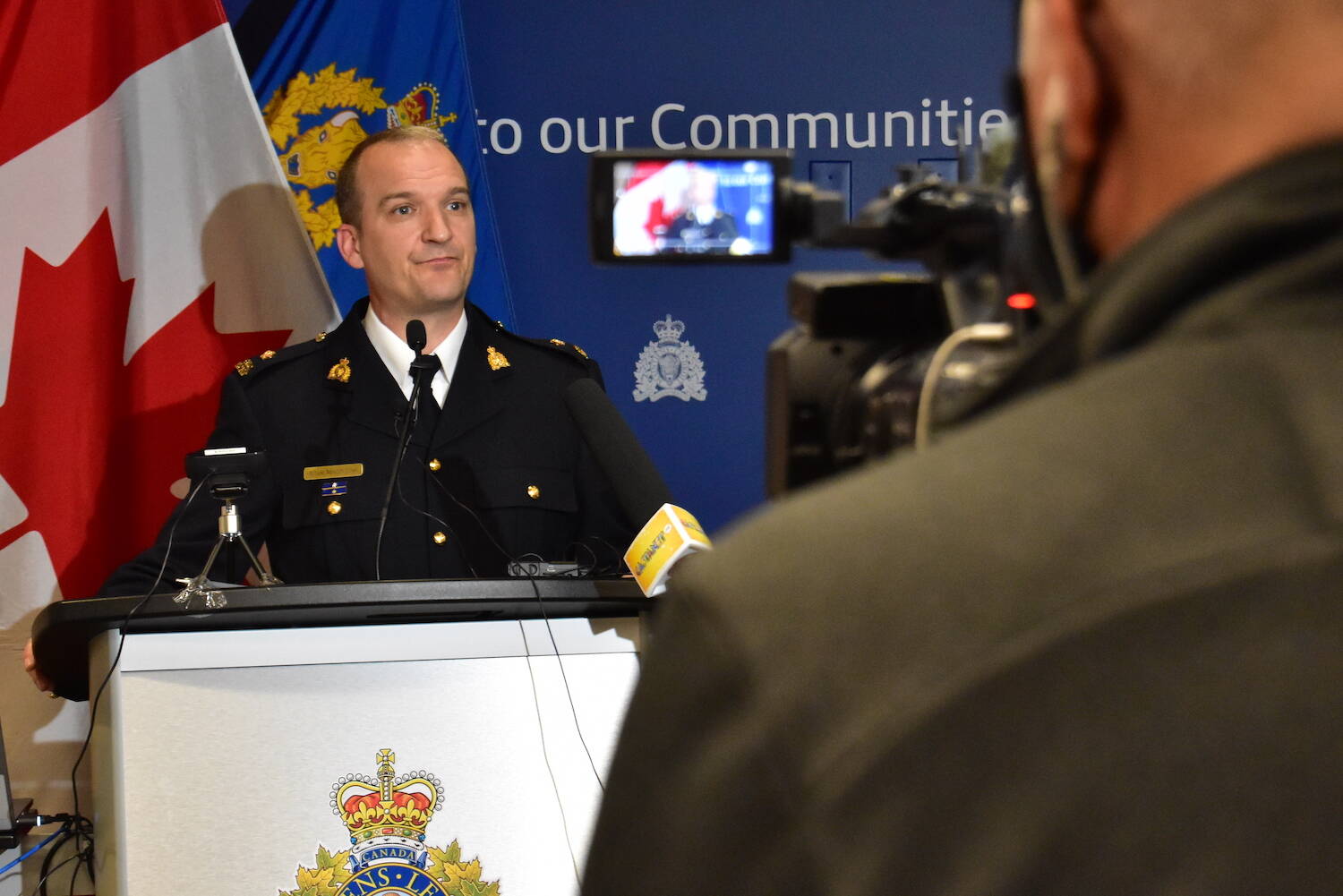 The Kelowna RCMP’s Insp. Adam MacIntosh takes questions from media on Nov. 12, 2021. (Michael Rodriguez/Capital News)