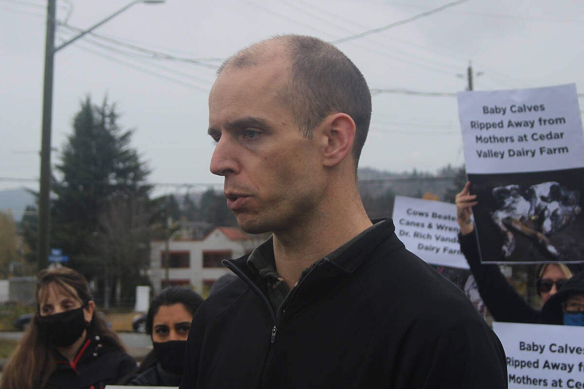 Geoff Regier, organizer and animal rights activist, speaking in front of Abbotsford Veterinary Clinic. He said the BC College of Veterinarians needs to revoke Dr. Rich Vanderwal’s licence. Patrick Penner photo.