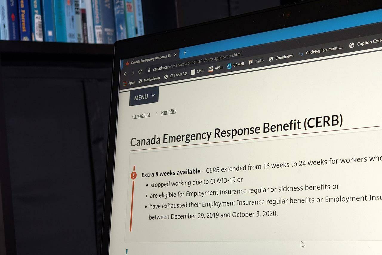 The landing page for the Canada Emergency Response Benefit is seen in Toronto, Monday, Aug. 10, 2020. Internal government documents are providing the clearest picture yet of the impact that emergency aid is having now on federal support to low-income seniors and families. THE CANADIAN PRESS/Giordano Ciampini