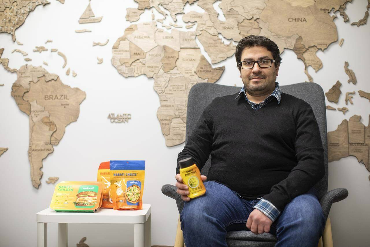 Nabati Foods CEO Ahmad Yehya sits with his plant based products in Edmonton, Alta., on Tuesday, Nov. 9, 2021. Nabati Plant Eggz are a plant-based liquid egg product that was designed to mimic the same consistency, taste, and texture as you get with traditional chicken eggs,THE CANADIAN PRESS/Jason Franson.