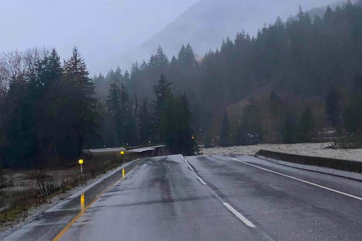 A large portion of the Coquihalla highway has eroded due to extreme weather conditions in the Hope area. (Kyle Snihur/ Facebook)