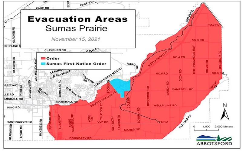 The red area is under an emergency evacuation order on Sumas Prairie in Abbotsford.