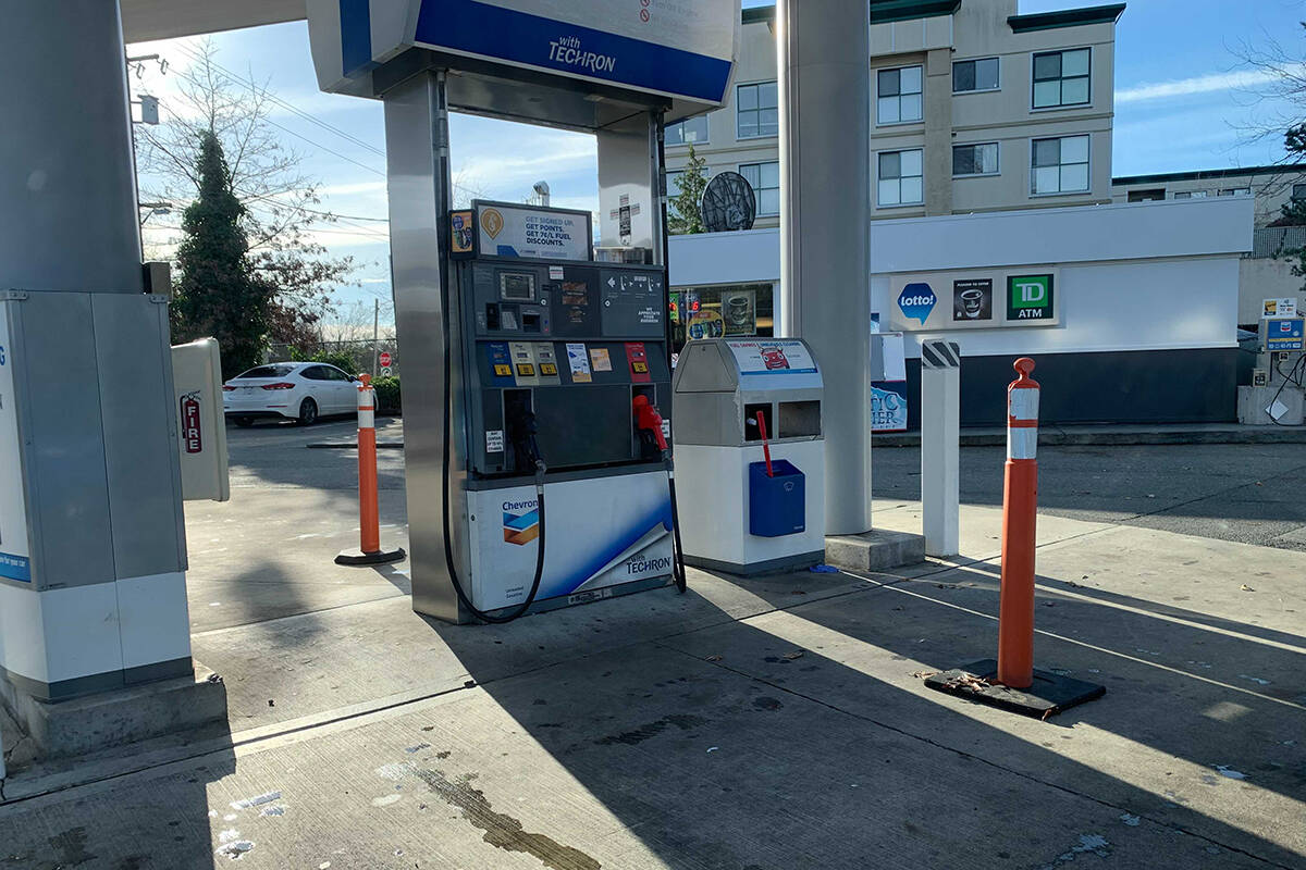 In Saanich, the Chevron station at Cloverdale Avenue and Quadra Street is out of fuel, with pylons blocking pumps. (Megan Atkins-Baker/News Staff)