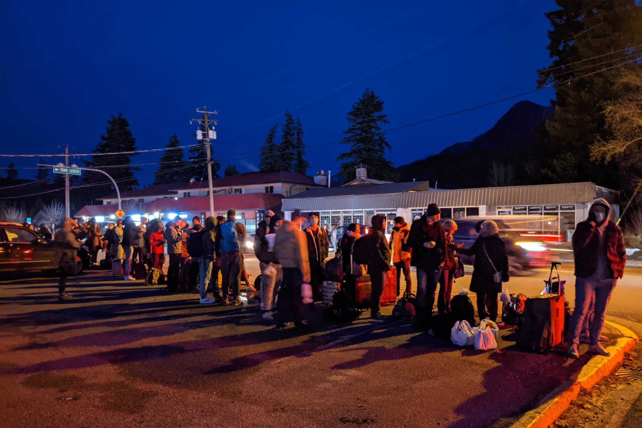 Travellers who have been trapped for days in Hope lined up to take a CP Train to downtown Vancouver on Wednesday, Nov. 17. (Pattie Desjardins/Hope Standard)