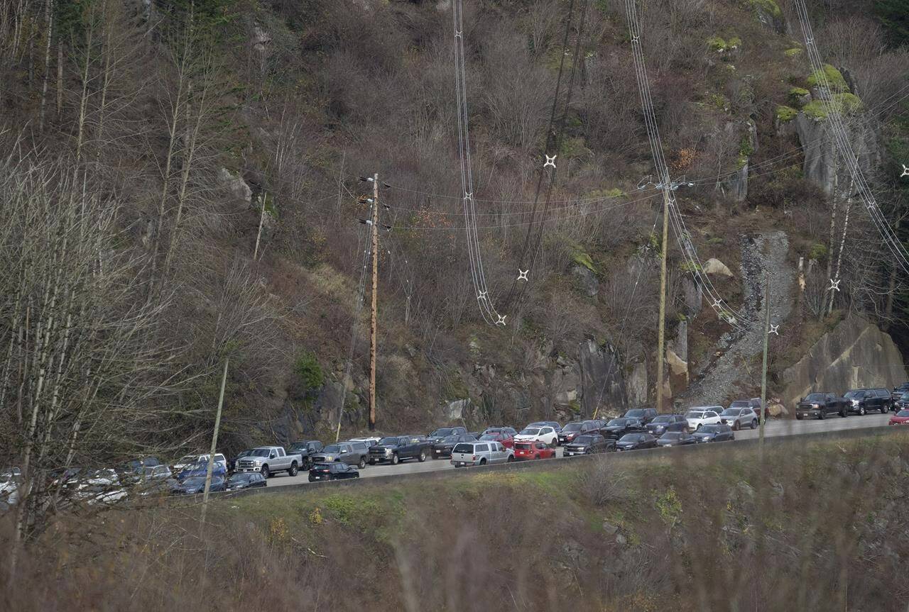 Stranded vehicles are seen where a mudslide happened earlier in the week on Highway 7 west of Agassiz, B.C., Wednesday, November 17, 2021. THE CANADIAN PRESS/Jonathan Hayward