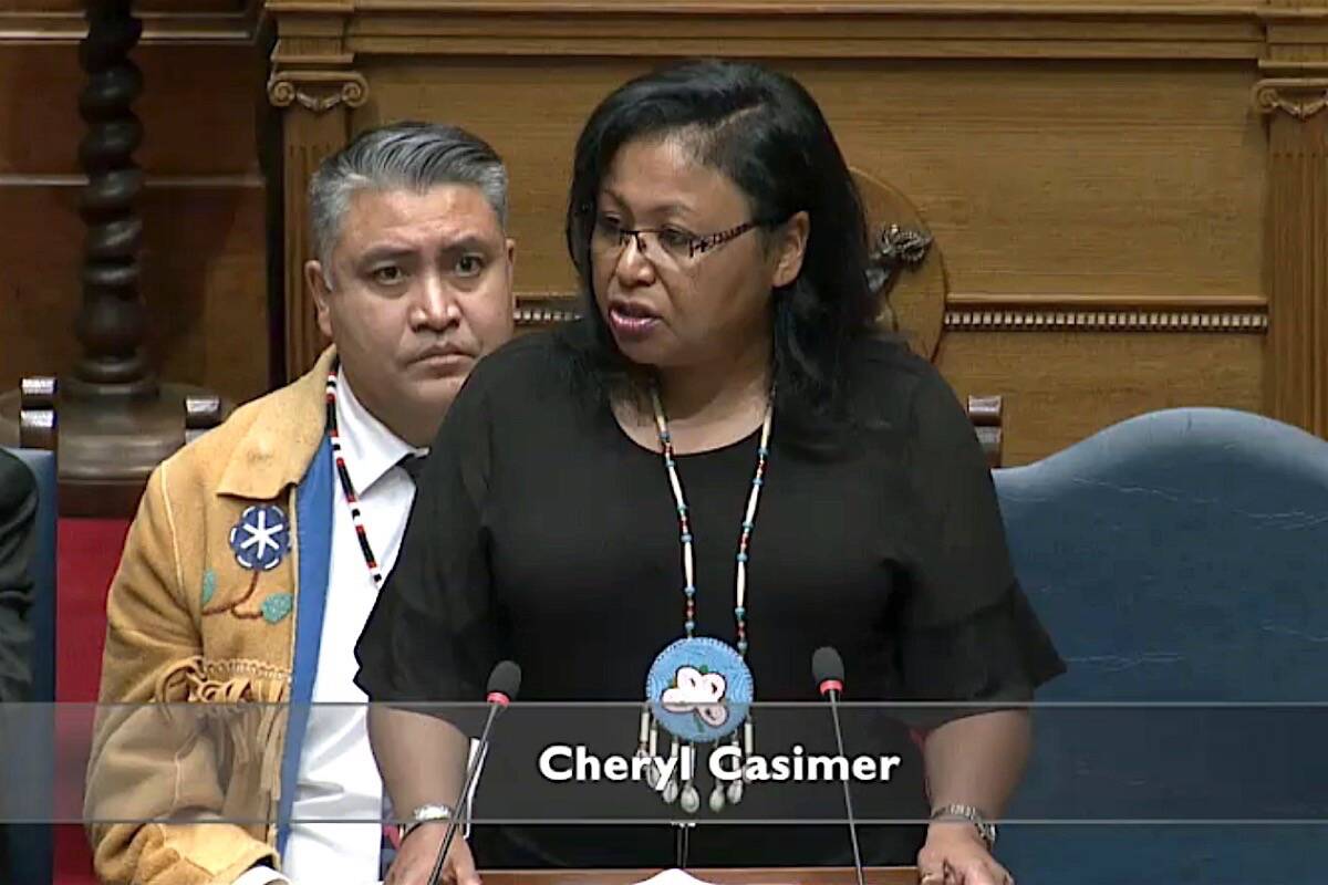 First Nations Summit executive member Cheryl Casimer and Assembly of First Nations Regional Chief Terry Teegee speak in the B.C. legislature in 2018 before a provincial law committing to adopt United Nations rights is implemented. (Hansard TV)
