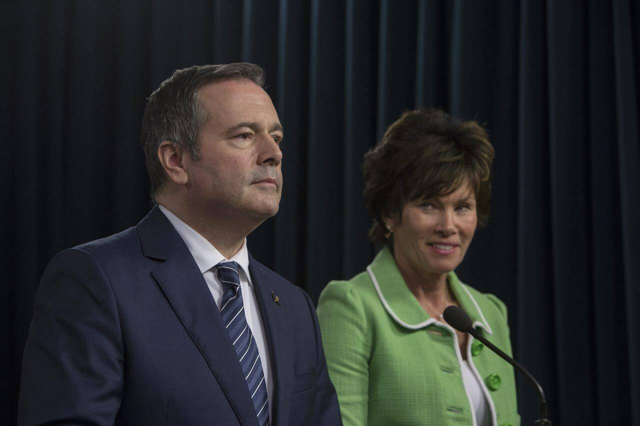 Alberta Premier Jason Kenney and Minister of Energy Sonya Savage speak at a press conference in Edmonton on June 18, 2019. THE CANADIAN PRESS/Amber Bracken