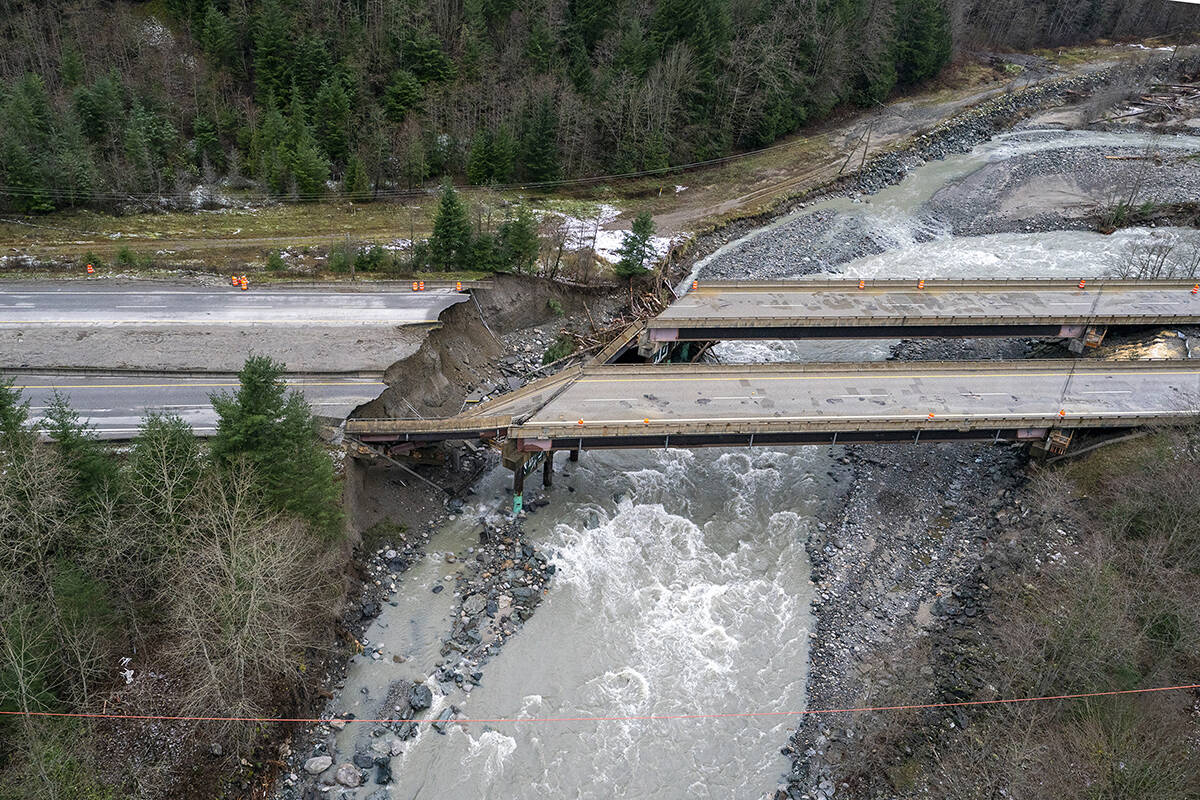 Damage caused by heavy rains and mudslides earlier in the week is pictured along the Coquihalla Highway near Hope, B.C., Thursday, November 18, 2021. THE CANADIAN PRESS/Jonathan Hayward