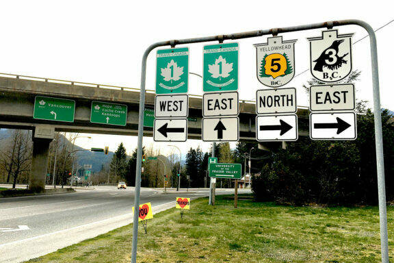 Entering Hope on Flood Hope Road, road signs for Highways 1 (Trans-Canada), 3 (Crowsnest) and 5 (Coquihalla). (Emelie Peacock/Hope Standard)