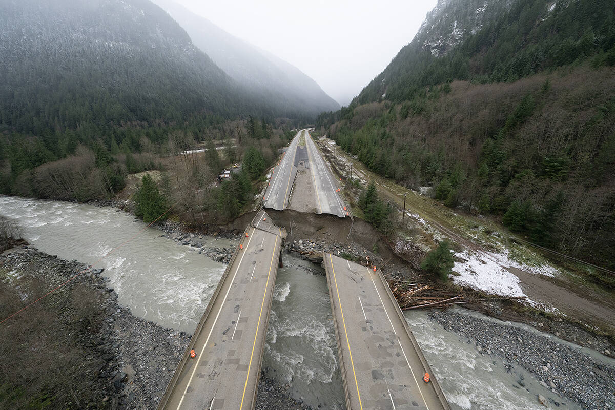 Damage caused by heavy rains and mudslides earlier in the week is pictured along the Coquihalla Highway near Hope, B.C., Thursday, November 18, 2021. THE CANADIAN PRESS/Jonathan Hayward