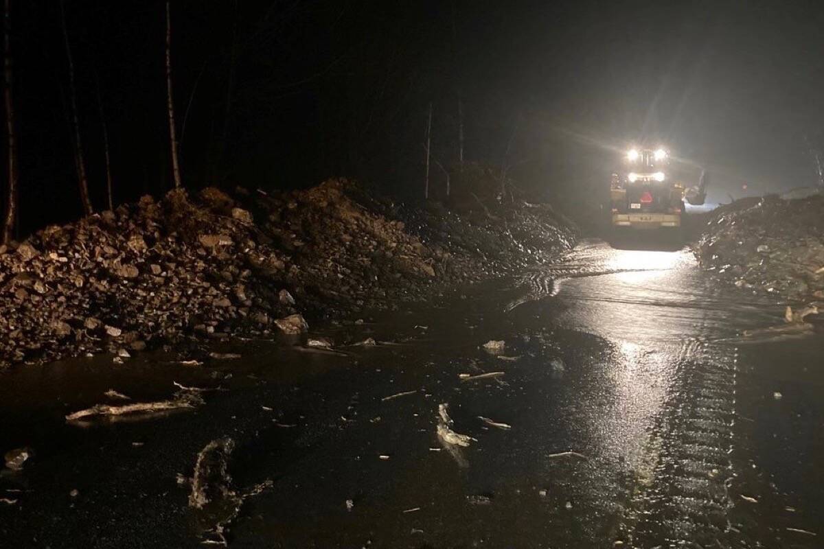 Crews work through the night to clear landslide debris from B.C. highways after torrential rain known as an ‘atmospheric river,’ Nov. 15, 2021. (B.C. government photo)