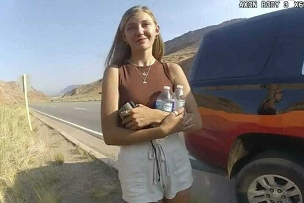 FILE - This police camera video provided by The Moab Police Department shows Gabrielle “Gabby” Petito talking to a police officer after police pulled over the van she was traveling in with her boyfriend, The FBI on Thursday, Oct. 21, 2021 identified human remains found in a Florida nature preserve as those of Brian Laundrie, a person of interest in the death of girlfriend Gabby Petito while the couple was on a cross-country road trip. (The Moab Police Department via AP)