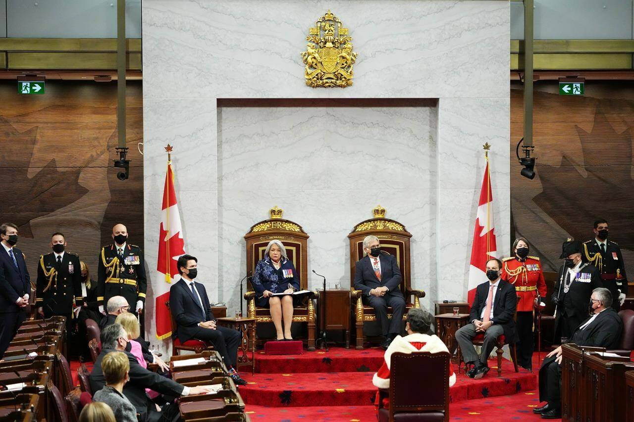 Gov. Gen. Mary Simon delivers the Throne Speech in the Senate in Ottawa on Tuesday, Nov. 23, 2021. THE CANADIAN PRESS/Sean Kilpatrick