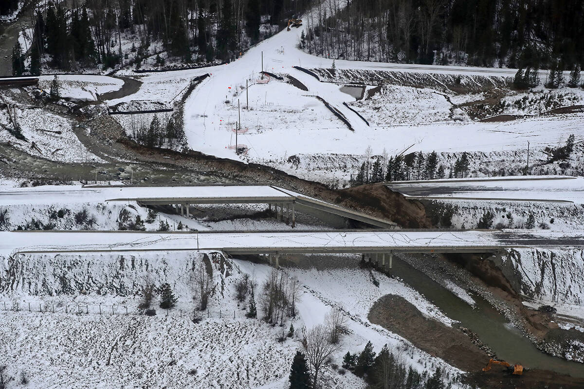 Damage caused by heavy rains and mudslides is shown in this aerial photo along the Coquihalla Highway south of Merritt, B.C., on Monday, November 22, 2021. THE CANADIAN PRESS/Darryl Dyck