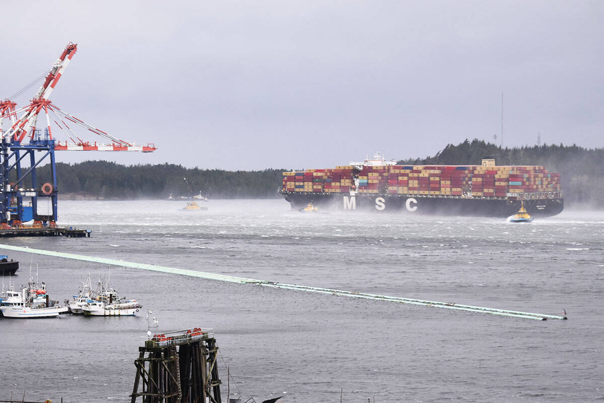 The cargo vessel MSC Altaire broke free of its mooring and ran aground in the Prince Rupert Harbour on Nov. 24. (Photo: K-J Millar/The Northern View)