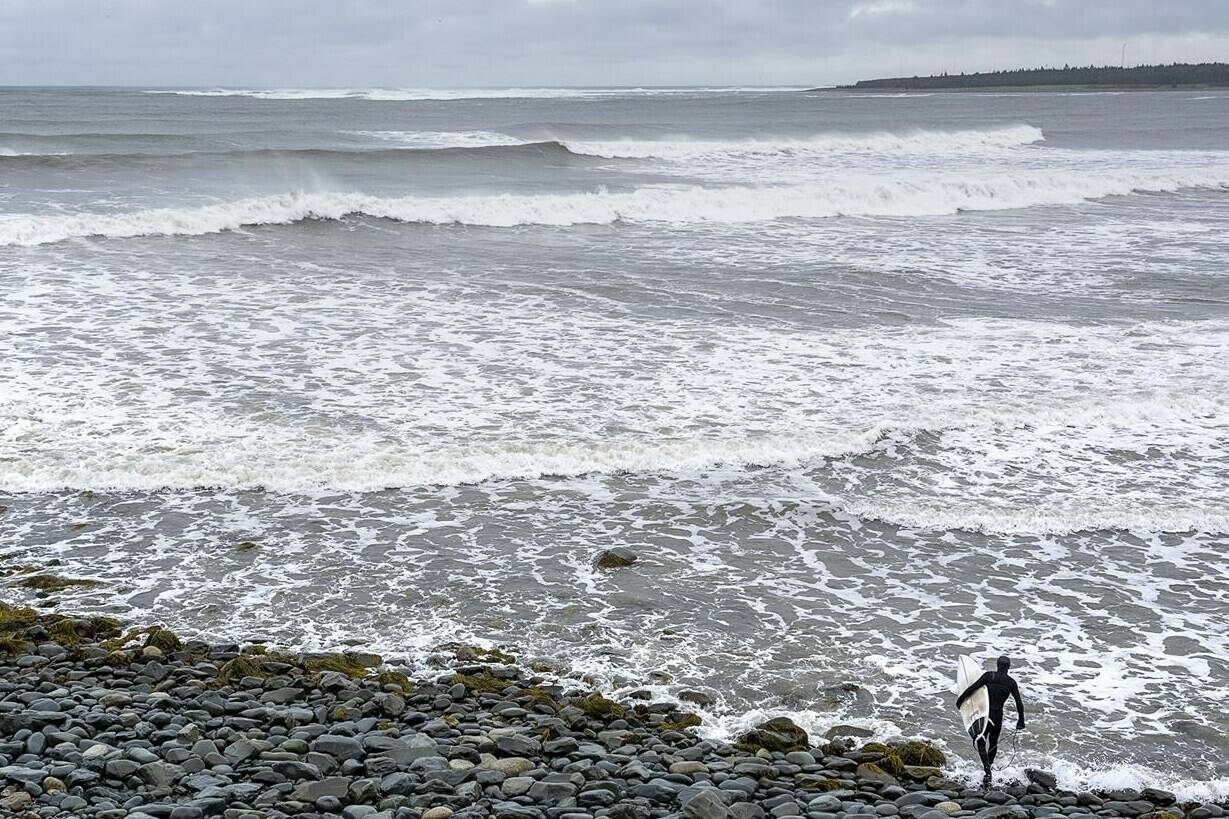 A surfer heads to the water in Cow Bay, N.S. on Tuesday, Nov. 23, 2021. Heavy rain and high winds are impacting a large swath of Atlantic Canada. THE CANADIAN PRESS/Andrew Vaughan