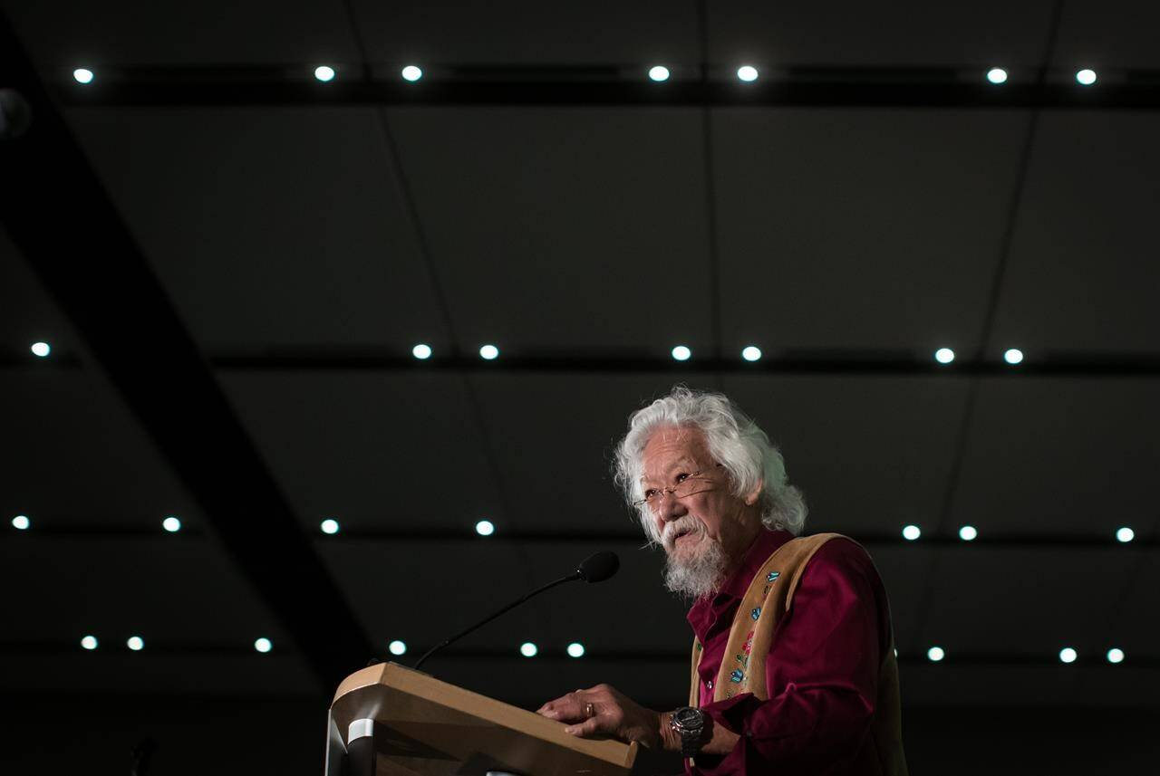 Environmental activist David Suzuki speaks during a rally in Vancouver on October 19, 2019. THE CANADIAN PRESS/Darryl Dyck