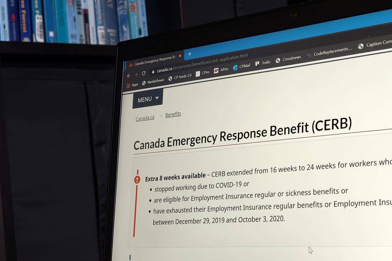 The landing page for the Canada Emergency Response Benefit is seen in Toronto, Monday, Aug. 10, 2020. As the CERB winds down starting this weekend, employment insurance will start taking its place and a new suite of benefits that won’t exist unless approved by Parliament. THE CANADIAN PRESS/Giordano Ciampini