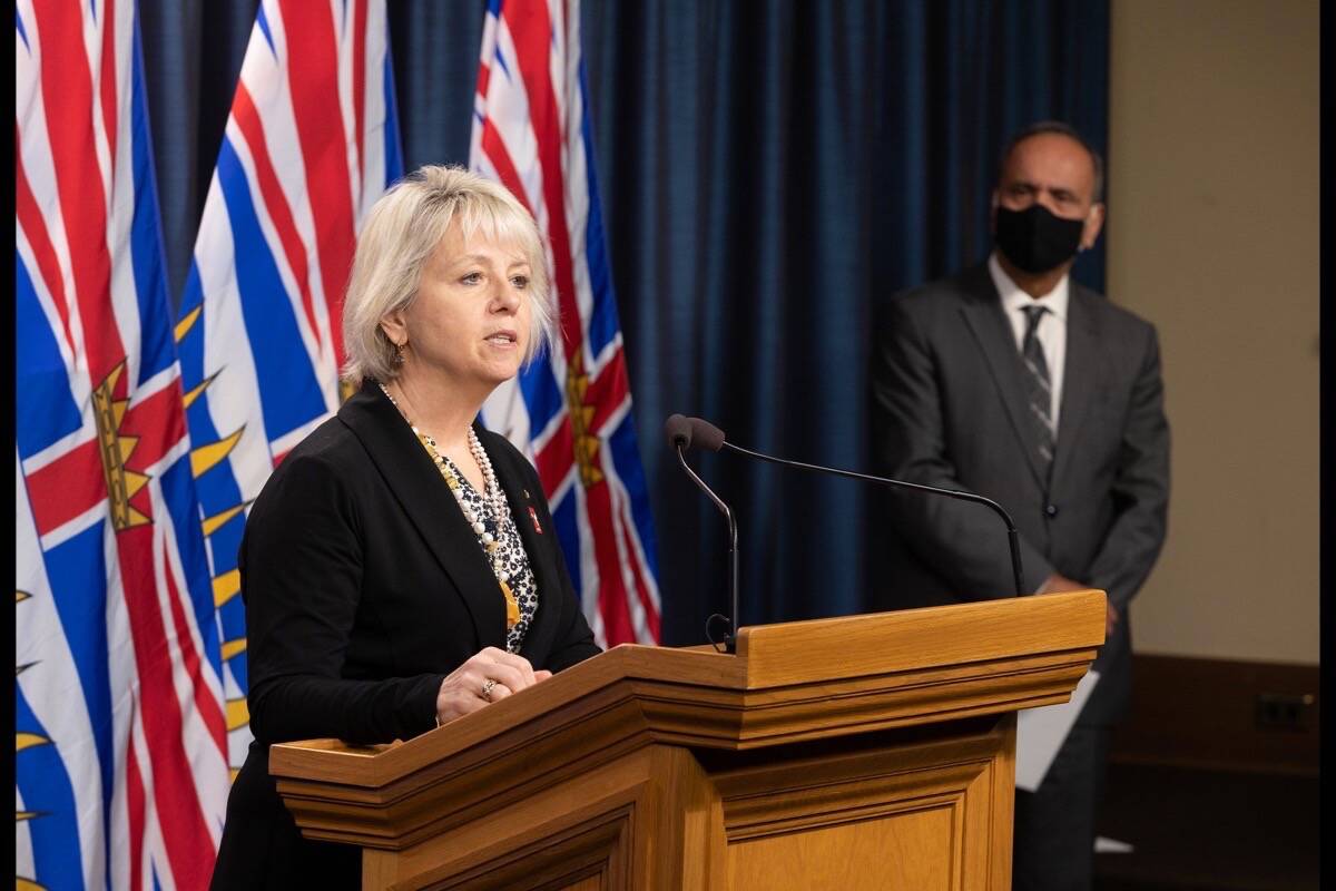 Provincial Health Officer Dr. Bonnie Henry and B.C. Labour Minister Harry Bains speak on the introduction of five-day mandatory paid sick leave at the B.C. legislature, Nov. 22, 2021. (B.C. government photo)