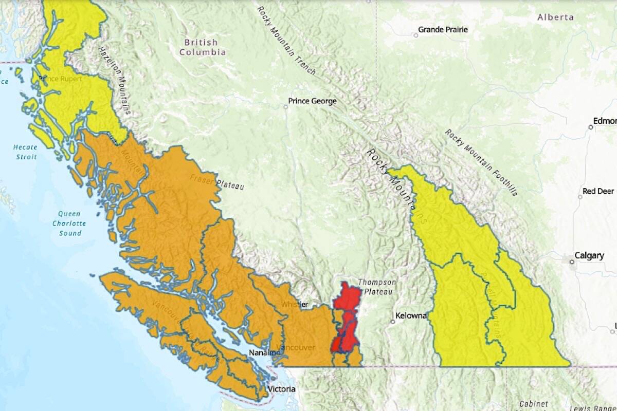 B.C. flood alert map for the morning of Nov. 30, 2021. Yellow indicates high stream flow advisory, with minor local flooding possible. Orange is flood watch, where rivers are rising and may exceed bank full. Red is flood warning, where rivers have exceeded bank full or will do so imminently. Red area shown is east of Hope. (B.C. River Forecast Centre)