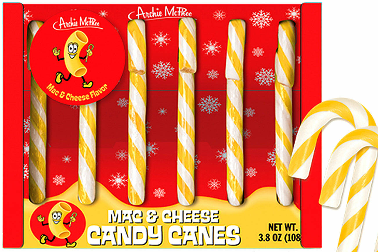 Seattle novelty company Archie McPhee is selling mac and cheese candy canes this year. (Archie McPhee)