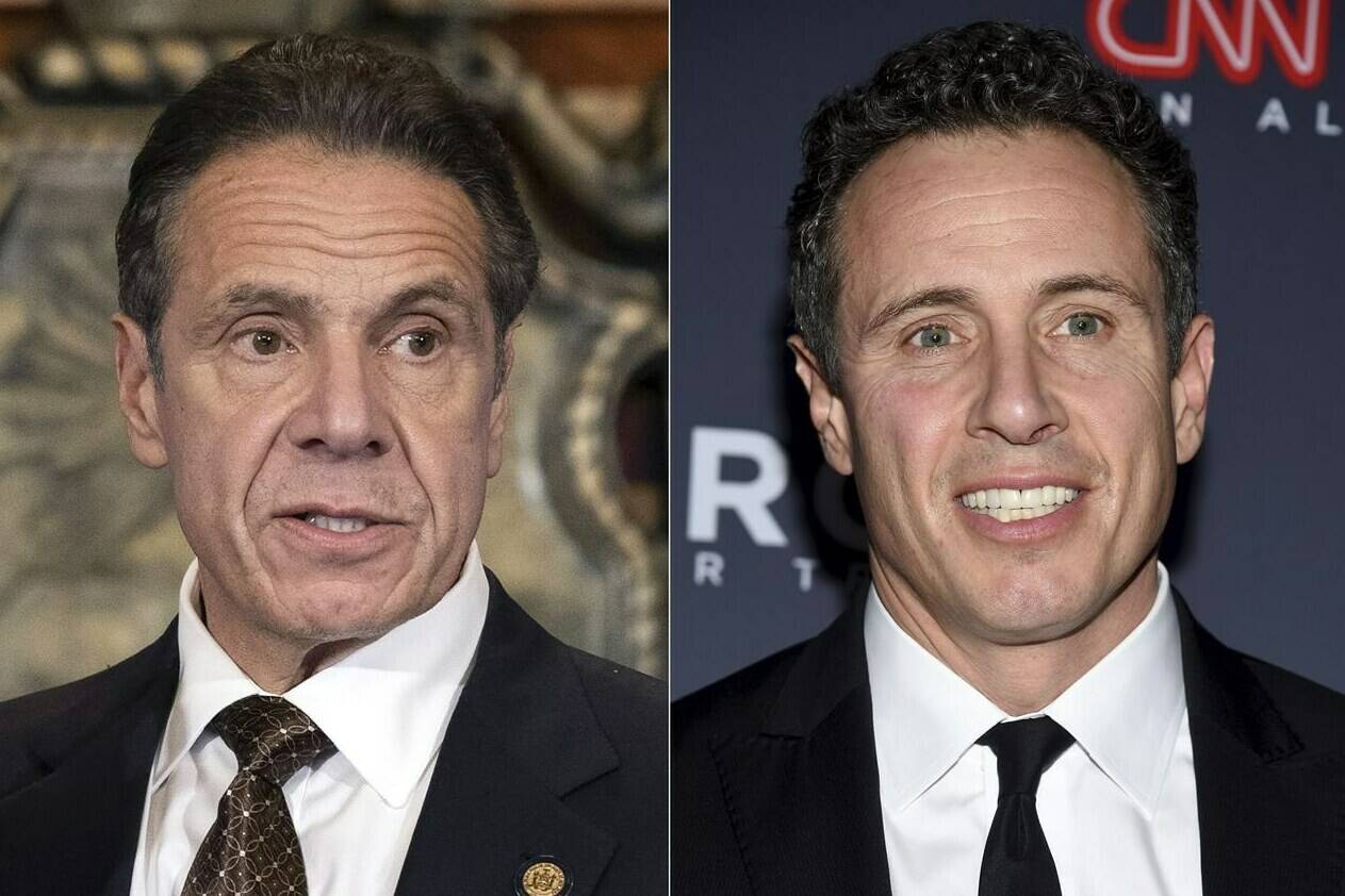 FILE - In this combination of photos New York Gov. Andrew Cuomo, left, appears during a news conference about COVID-19 at the State Capitol in Albany, N.Y., on Dec. 3, 2020, and his brother CNN anchor Chris Cuomo attends the 12th annual CNN Heroes: An All-Star Tribute at the American Museum of Natural History in New York on Dec. 9, 2018. CNN said Tuesday, Nov. 30, 2021, it was suspending Chris Cuomo indefinitely after details emerged about how he helped his brother, as he faced charges of sexual harassment.(Mike Groll/Office of Governor of Andrew M. Cuomo via AP, left, and Evan Agostini/Invision/AP, File)