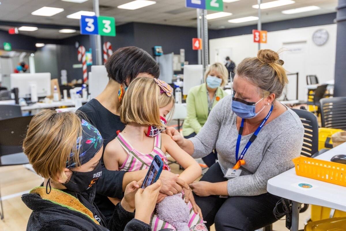 Kids aged 5 to 11 are getting COVID-19 vaccines at community clinics around B.C., like this one in Victoria, Nov. 29, 2021. (B.C. government photo)