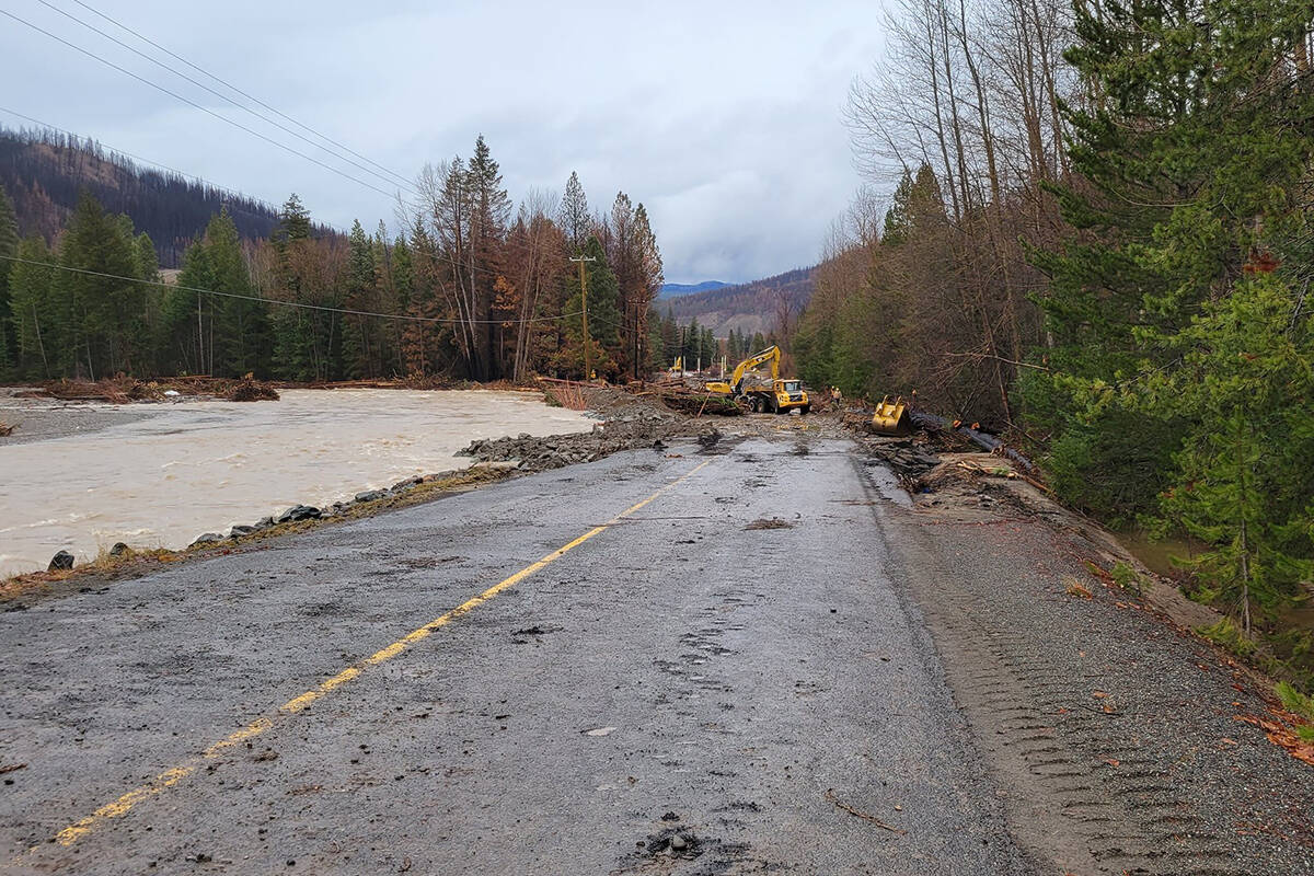 Crews work on Coldwater Road, south of Merritt and parallel to the closed Coquihalla, on Tuesday, Nov. 30, 2021. (B.C. Ministry of Transportation and Infrastructure)