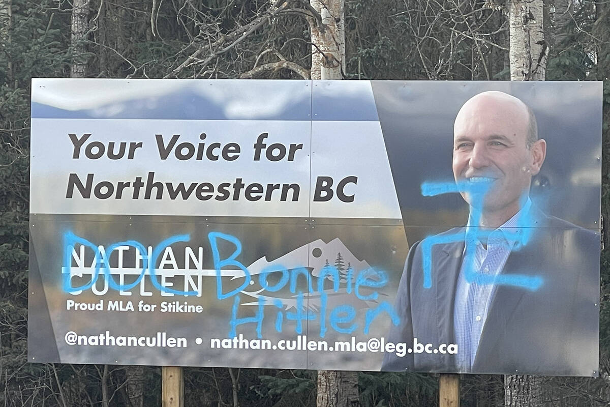 A billboard sign of Stikine MLA Nathan Nathan Cullen, on highway 16 west of Smithers, was subject to anti-Semitic vandalism. (Deb Meissner/Smithers Interior News)