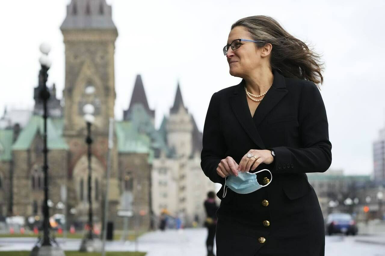 Minister of Finance and Deputy Prime Minister Chrystia Freeland makes her way to the West Block on Parliament Hill in Ottawa on Thursday, Dec. 2, 2021. THE CANADIAN PRESS/Sean Kilpatrick