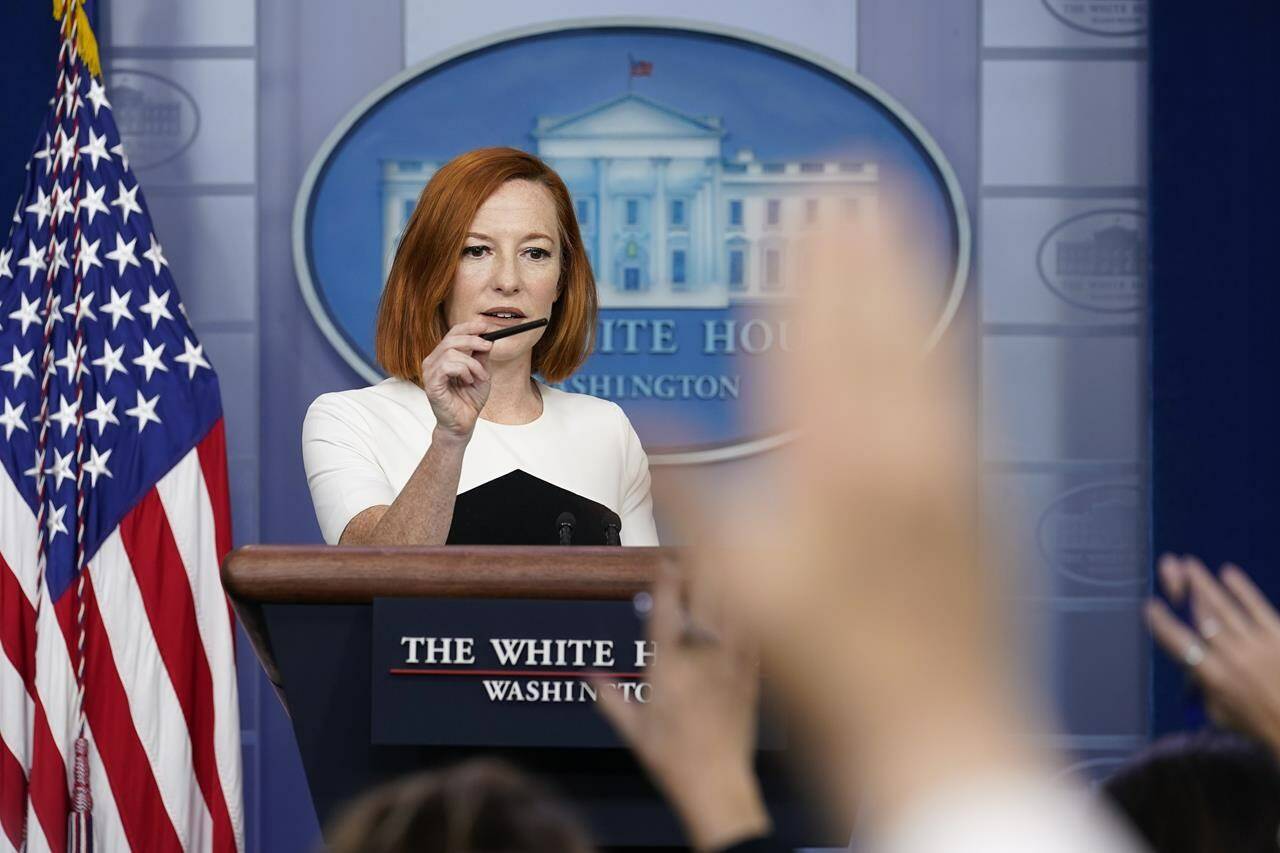 White House press secretary Jen Psaki speaks during the daily briefing at the White House in Washington, Monday, Dec. 6, 2021. THE CANADIAN PRESS/AP-Susan Walsh