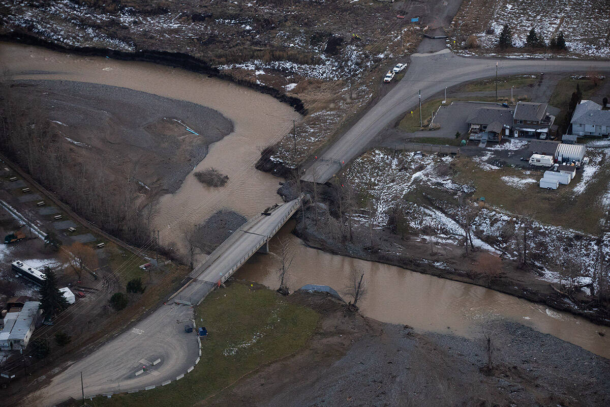 A collapsed section of bridge destroyed by severe flooding is seen in Merritt, B.C., in an aerial view from a Canadian Forces reconnaissance flight on Monday, November 22, 2021. THE CANADIAN PRESS/Darryl Dyck