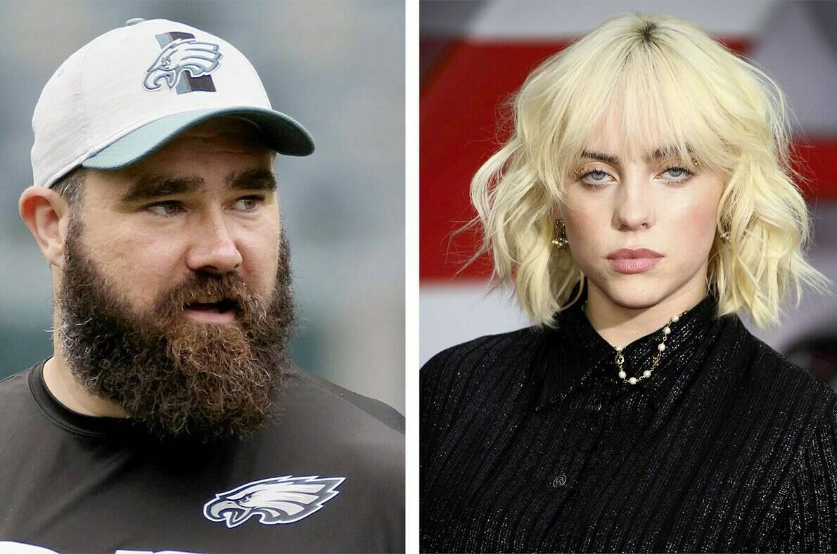 This combination of 2021 photos shows Philadelphia Eagles’ Jason Kelce,, left, and Billie Eilish in London. The grammy Award-winning singer-songwriter and Eagles center have something in common, broadcasters have difficulty pronouncing their names. Both Eilish and Kelce, as well as “omicron” made it onto this year’s list of most mispronounced words as compiled by the U.S. Captioning Company, which captions and subtitles real-time events on TV and in courtrooms. (Tim Tai/The Philadelphia Inquirer via AP, Pool, Joel C Ryan/Invision/AP)