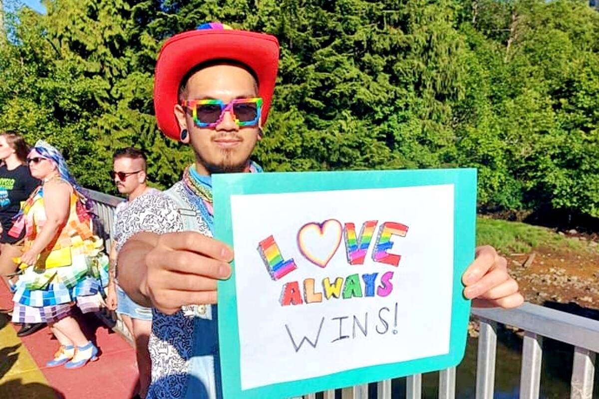 The federal government has confirmed legislation making conversion therapy illegal. Angelo Octaviano said he is proud to be his true self, at a gathering of LGBTQ Prince Rupert community members, supporters and allies to celebrate Pride month on June 19. (Photo: supplied, Kyle Hilliard)