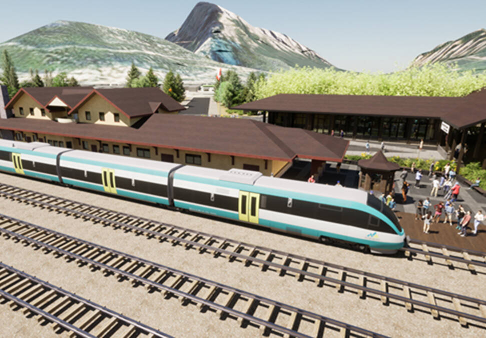 The proposed Calgary Airport to Banff Passenger Rail is shown in this artist’s rendering handout image at the Banff Train Station. The company behind a proposed passenger rail service that would connect Banff to the Calgary International Airport says the project will cost $1.5 billion. THE CANADIAN PRESS/HO-Liricon Capital