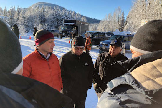 Nathan Cullen meets with Wet’suwet’en leaders during a blockade of the Coastal GasLink worksite near Houston in 2019. (Interior News archive photo)