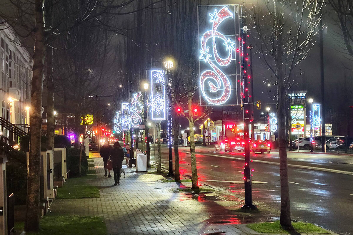 With more people planning to visit this holiday season, BC Hydro advises being mindful about energy consumption. Pictured here, Christmas lights on Fraser Highway in Langley City. (Black Press file)