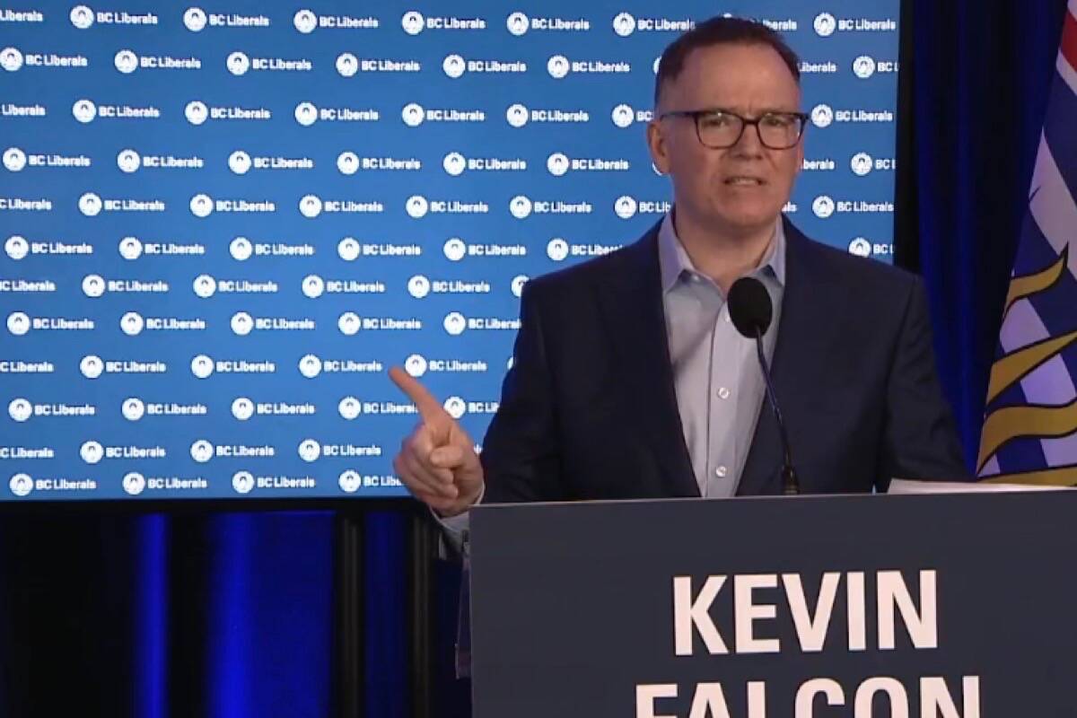 Former cabinet minister Kevin Falcon speaks to delegates at a B.C. Liberal leadership debate, November 2021. (B.C. Liberal Party video)