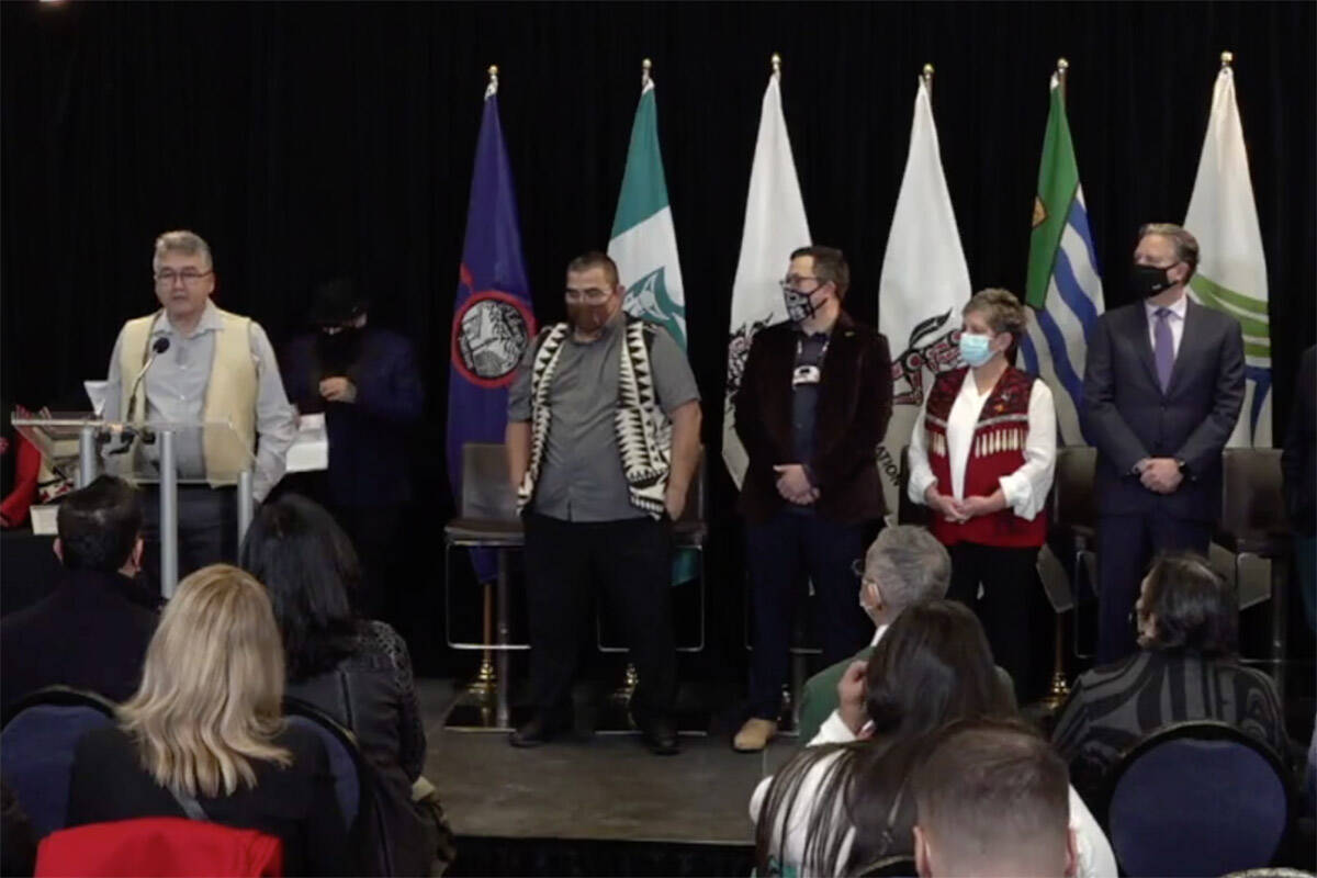 Chief Dean Nelson, of Lilwat First Nation, addressing attendees of a press conference announcing Indigenous and B.C. communities teaming to explore a 2030 Winter Games bid. (City of Vancouver Facebook screenshot)