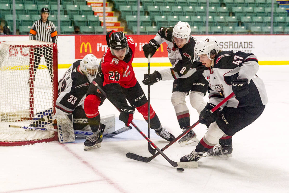 Giants, now 3-3 against the Cougars, fell Wednesday, 7-3. They’re hoping to bounce back in Saturday’s rematch against Prince George at LEC. (James Doyle/Special to Langley Advance Times)