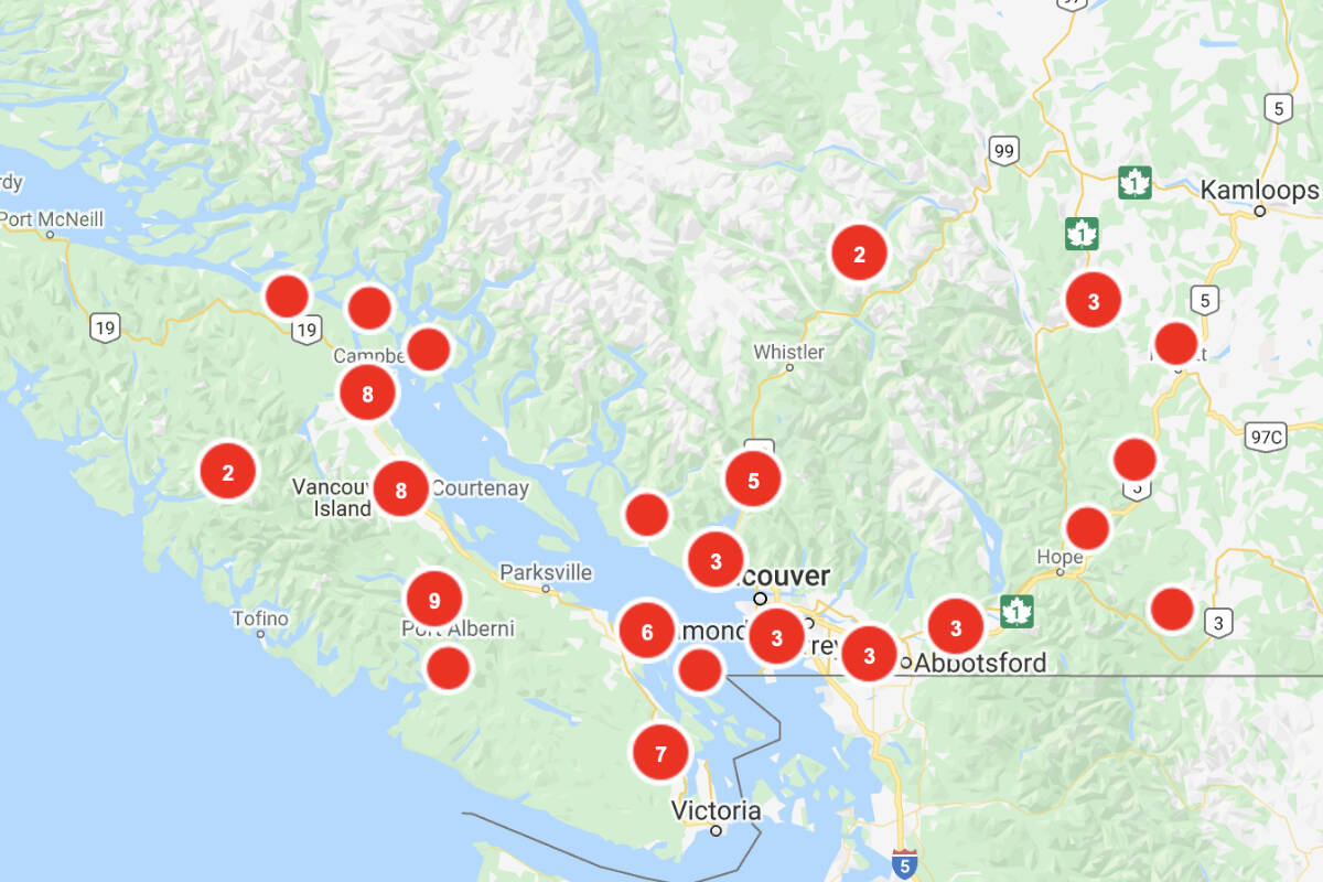 B.C. Hydro outage map, Dec. 18, 2021. (B.C. Hydro)