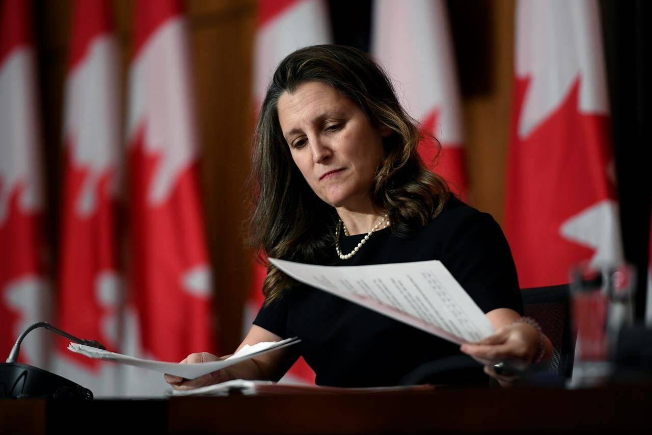 Deputy Prime Minister and Minister of Finance Chrystia Freeland adjusts her notes during a joint news conference in Ottawa, on Monday, Dec. 13, 2021. THE CANADIAN PRESS/Justin Tang