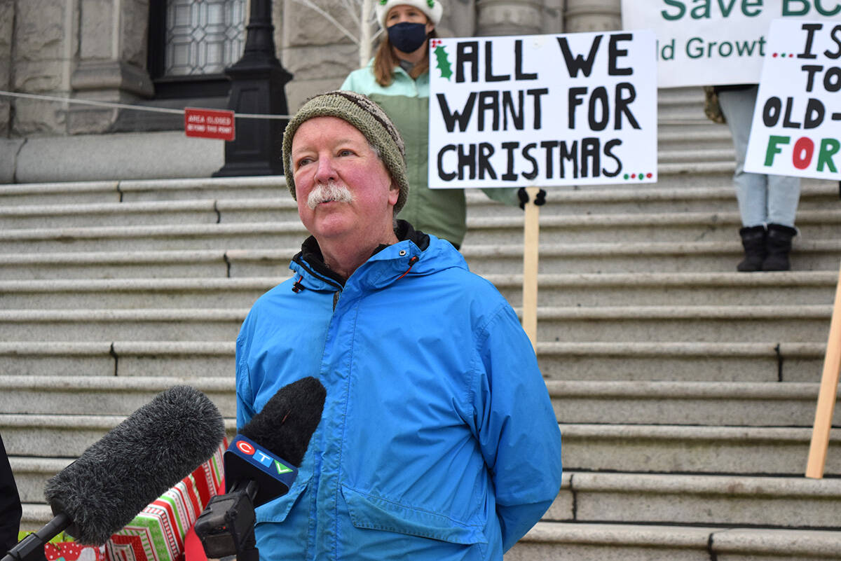 Forest ecologist Andy MacKinnon, who previously worked with the B.C Government on developing land-use plans beyond logging, speaks about the importance of revenue options for First Nations on Tuesday at the legislature. (Kiernan Green/News Staff)
