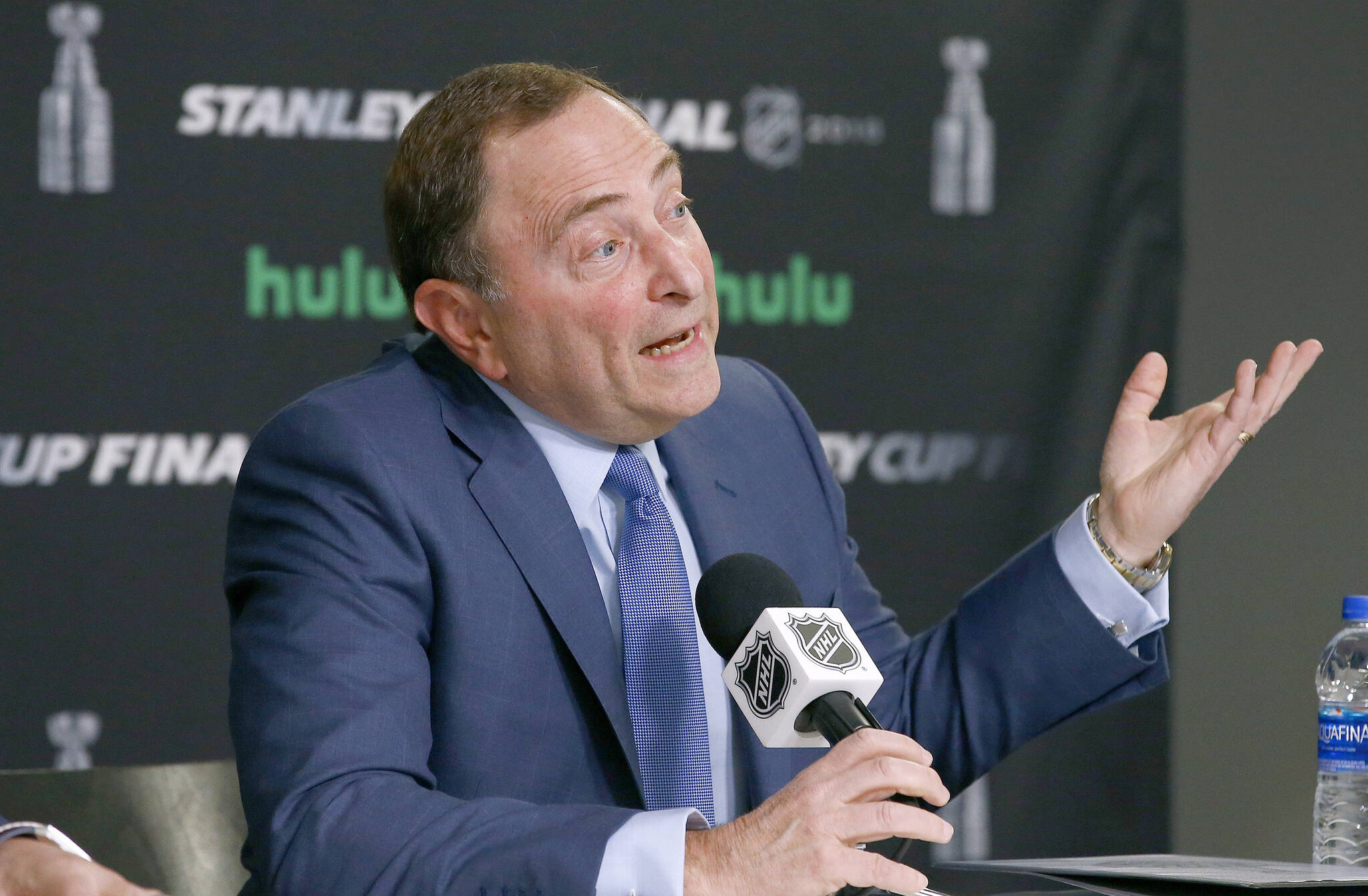 NHL Commissioner Gary Bettman speaks during a news conference prior to Game 1 of the NHL Stanley Cup Final hockey game between the Vegas Golden Knights and the Washington Capitals, Monday, May 28, 2018, in Las Vegas. (AP Photo/Ross D. Franklin)