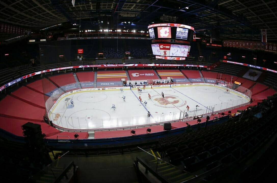 FILE - The Vancouver Canucks play the Calgary Flames as the first period beings in an empty arena in NHL hockey action in Calgary, Monday, Jan. 18, 2021. THE CANADIAN PRESS/Jeff McIntosh