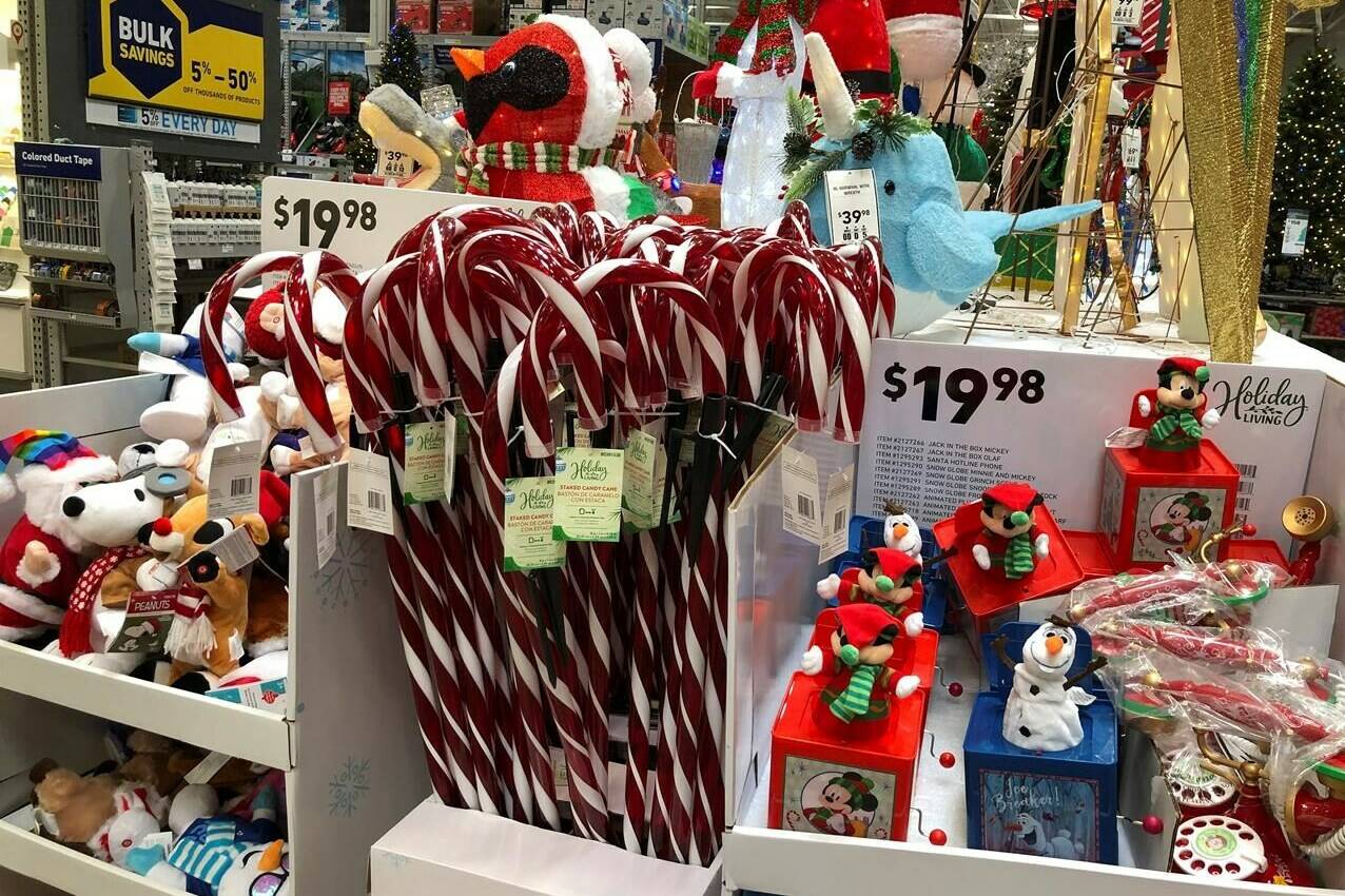 Candy canes and music boxes stand on a holiday display in a Lowe's store Friday, Oct. 2, 2020, in Northglenn, Colo. Candy canes and other festive sweets are harder to find this year due to supply chain challenges affecting the food industry. THE CANADIAN PRESS/HO-AP/David Zalubowski