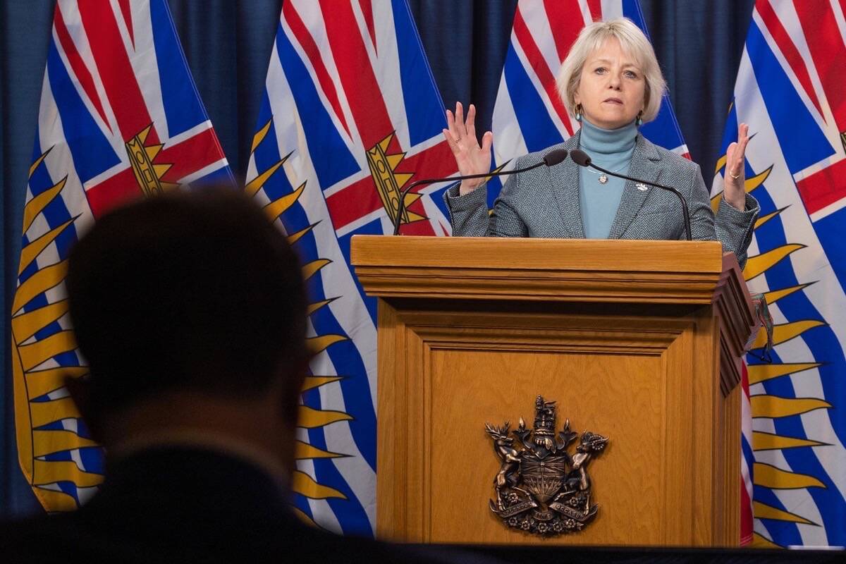 Provincial health officer Dr. Bonnie Henry describes the latest COVID-19 models projecting a rise in cases from the Omicron variant, at the B.C. legislature, Dec. 21, 2021. (B.C. government photo)