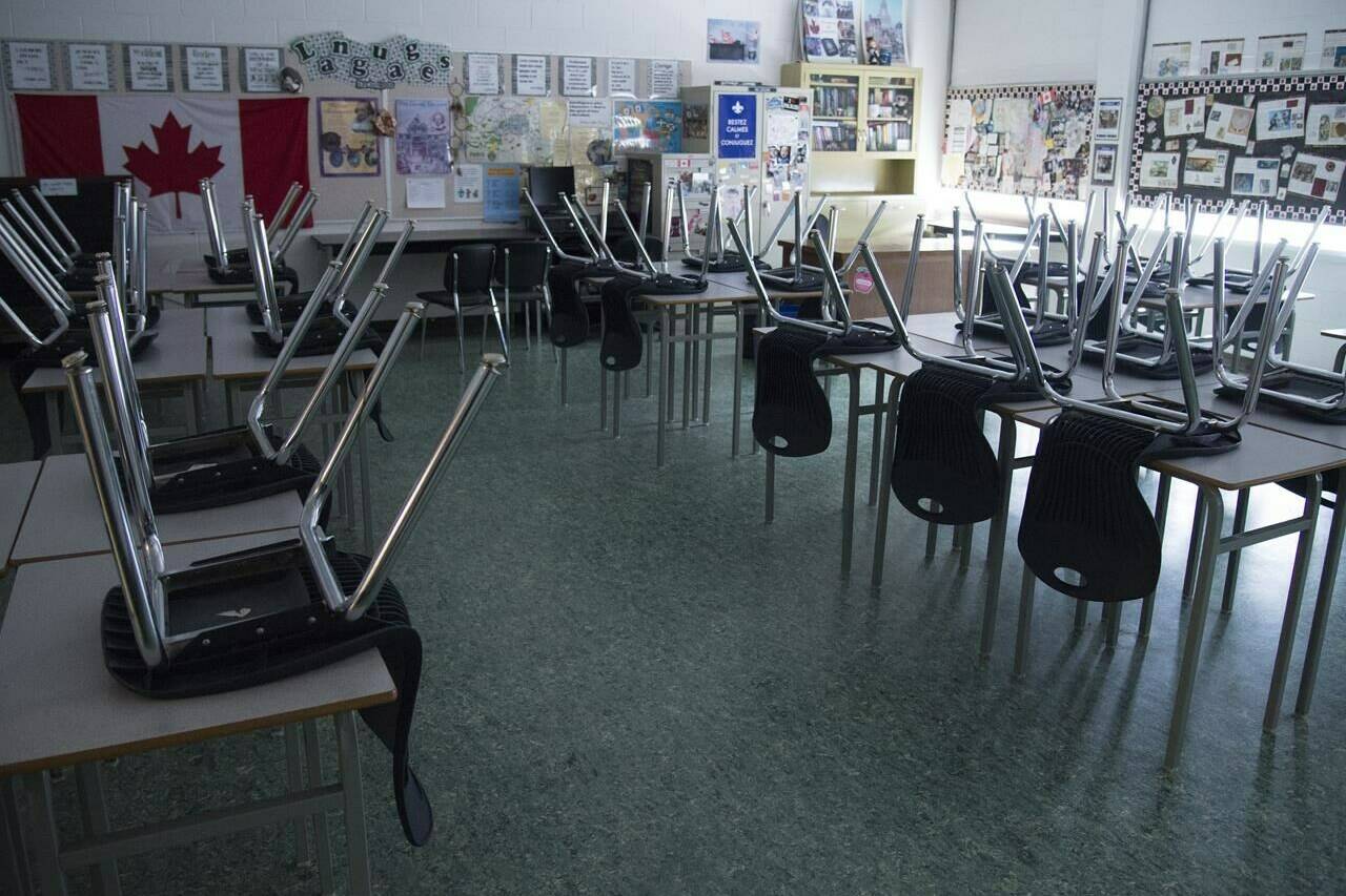 An empty classroom is pictured at Eric Hamber Secondary school in Vancouver, B.C. Monday, March 23, 2020. THE CANADIAN PRESS/Jonathan Hayward