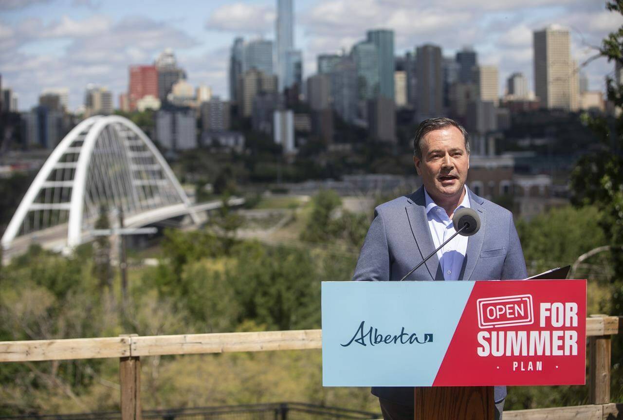 Alberta Premier Jason Kenney speaks about the Open for Summer Plan and next steps in the COVID-19 vaccine rollout, in Edmonton, Friday, June 18, 2021. THE CANADIAN PRESS/Jason Franson